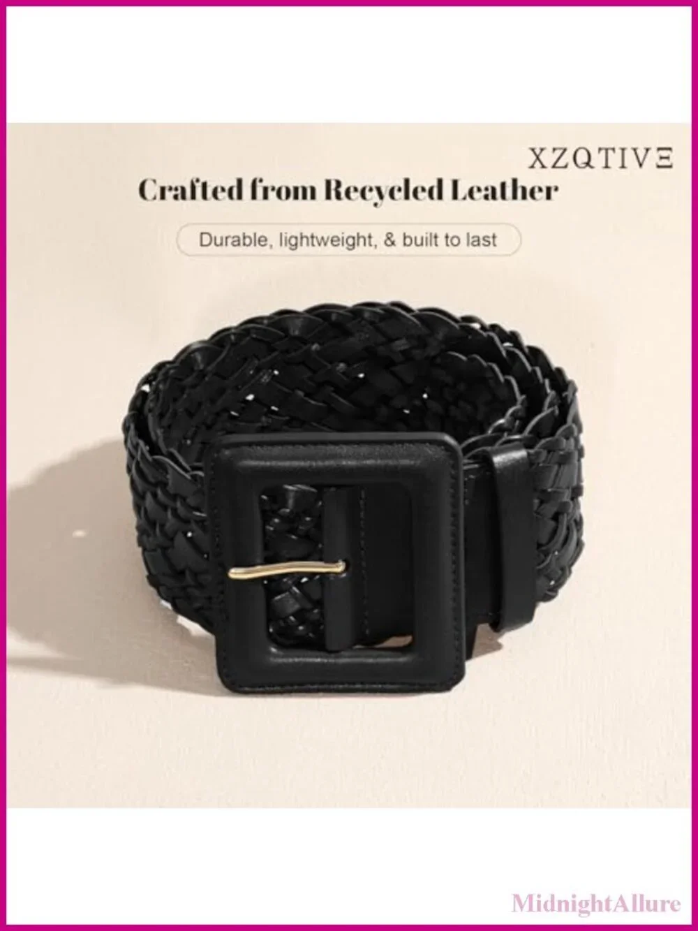 Wide Braided Leather Belt with Square Buckle, Adjustable Fit for Dresses